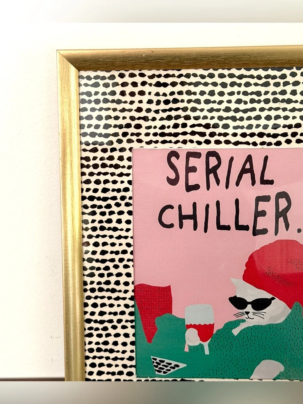Serial Chiller Cat Silly Dotted Canvas Art Print Gold Framed Quirky Wall Art
